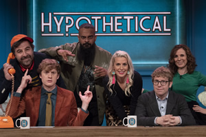 Hypothetical. Image shows from L to R: David O'Doherty, James Acaster, Guz Khan, Sara Pascoe, Josh Widdicombe, Cariad Lloyd. Copyright: Hat Trick Productions