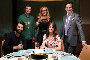 I'll Get This. Image shows from L to R: Rylan Clark-Neal, Ed Gamble, Carol Vorderman, Ellie Taylor, Anton Du Beke. Copyright: 12 Yard Productions