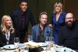 I'll Get This. Image shows from L to R: Laura Whitmore, Chris Kamara, Julian Clary, Rachel Johnson, Tom Davis. Copyright: 12 Yard Productions