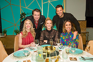 I'll Get This. Image shows from L to R: Rachel Parris, Jonathan Ross, Gabby Logan, Mark Wright, Anita Rani. Copyright: 12 Yard Productions