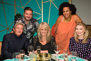 I'll Get This. Image shows from L to R: Nigel Havers, Alex Brooker, Sally Lindsay, Desiree Burch, Georgia Toffolo. Copyright: 12 Yard Productions