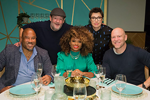 I'll Get This. Image shows from L to R: John Barnes, Johnny Vegas, Fleur East, Sue Perkins, Mike Tindall. Copyright: 12 Yard Productions