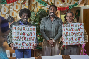 In The Long Run. Image shows from L to R: Agnes (Madeline Appiah), Walter (Idris Elba), Rajesh (Neil D'Souza)