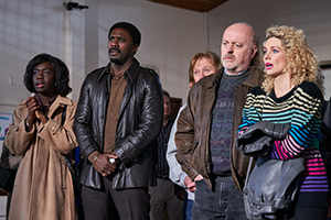 In The Long Run. Image shows from L to R: Agnes (Madeline Appiah), Walter (Idris Elba), Bagpipes (Bill Bailey), Kirsty (Kellie Shirley)