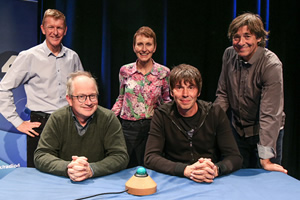 The Infinite Monkey Cage. Image shows from L to R: Tim Peake, Robin Ince, Helen Sharman, Brian Cox, Mark Steel