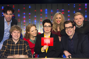 Insert Name Here. Image shows from L to R: Stephen Mangan, Josh Widdicombe, Kate Williams, Sue Perkins, Roisin Conaty, Richard Osman, Rob Beckett. Copyright: 12 Yard Productions / Black Dog Television