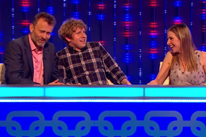 Insert Name Here. Image shows from L to R: Hugh Dennis, Josh Widdicombe, Alice Roberts. Copyright: 12 Yard Productions / Black Dog Television