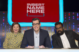 Insert Name Here. Image shows from L to R: Jessica Hynes, Richard Osman, Romesh Ranganathan. Copyright: 12 Yard Productions / Black Dog Television