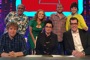 Insert Name Here. Image shows from L to R: Josh Widdicombe, Danny Baker, Kate Williams, Sue Perkins, Robert Webb, Aisling Bea, Richard Osman. Copyright: 12 Yard Productions / Black Dog Television