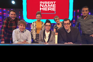 Insert Name Here. Image shows from L to R: Jon Richardson, Josh Widdicombe, Ruth Goodman, Sue Perkins, Holly Walsh, Richard Osman, Adil Ray. Copyright: 12 Yard Productions / Black Dog Television