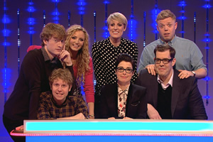 Insert Name Here. Image shows from L to R: James Acaster, Josh Widdicombe, Suzannah Lipscomb, Steph McGovern, Sue Perkins, Richard Osman, Rob Beckett