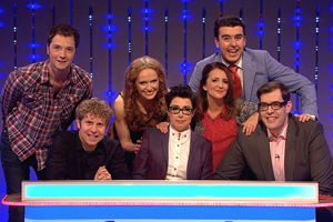 Insert Name Here. Image shows from L to R: Chris Addison, Josh Widdicombe, Kate Williams, Sue Perkins, Lucy Porter, Al Porter, Richard Osman