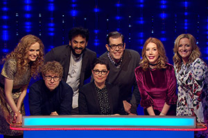 Insert Name Here. Image shows from L to R: Kate Williams, Josh Widdicombe, Nish Kumar, Sue Perkins, Richard Osman, Katherine Ryan, Gabby Logan. Copyright: Black Dog Television