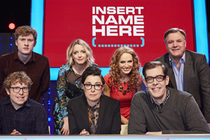 Insert Name Here. Image shows from L to R: Josh Widdicombe, James Acaster, Lauren Laverne, Sue Perkins, Kate Williams, Richard Osman, Ed Balls