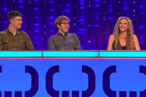 Insert Name Here. Image shows from L to R: Ed Gamble, Josh Widdicombe, Suzannah Lipscomb