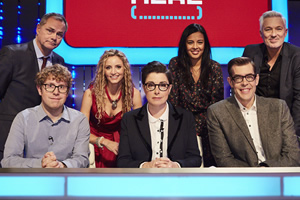 Insert Name Here. Image shows from L to R: Jack Dee, Josh Widdicombe, Suzannah Lipscomb, Sue Perkins, Liz Bonnin, Richard Osman, Martin Kemp