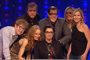 Insert Name Here. Image shows from L to R: Josh Widdicombe, Miles Jupp, Kate Williams, Sue Perkins, Richard Osman, Roisin Conaty, Sally Phillips