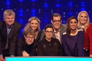 Insert Name Here. Image shows from L to R: Adrian Chiles, Josh Widdicombe, Suzannah Lipscomb, Sue Perkins, Richard Osman, Anita Rani, Sara Pascoe