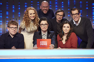 Insert Name Here. Image shows from L to R: Josh Widdicombe, Kate Williams, Sue Perkins, Tom Davis, Robert Peston, Aisling Bea, Richard Osman