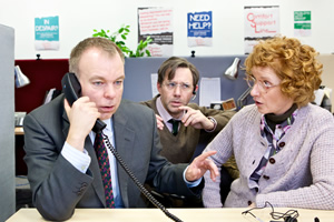 Inside No. 9. Image shows from L to R: Andy (Steve Pemberton), George (Reece Shearsmith), Liz (Jane Horrocks). Copyright: BBC