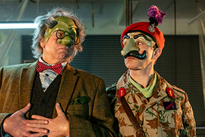 Inside No. 9. Image shows from L to R: The Doctor (Steve Pemberton), Scaramouche, a Soldier (Reece Shearsmith)
