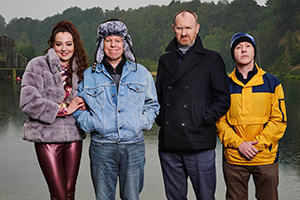 Inside No. 9. Image shows from L to R: Donna (Diane Morgan), Darren (Steve Pemberton), Lawrence (Reece Shearsmith), Callum (Mark Gatiss)