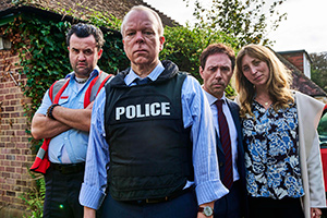 Inside No. 9. Image shows from L to R: Shane (Daniel Mays), DI Ellis (Steve Pemberton), Dominic (Reece Shearsmith), Lara (Daisy Haggard)