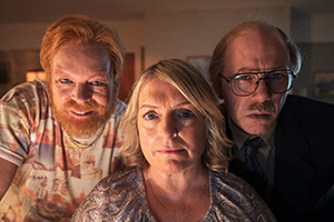 Inside No. 9. Image shows left to right: Manny (Steve Pemberton), Vicky (Claire Rushbrook), Norman (Reece Shearsmith)