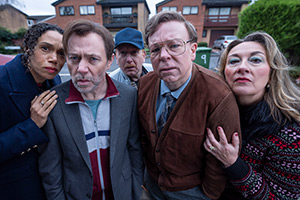 Inside No. 9. Image shows left to right: Val (Vinette Robinson), Damon (Reece Shearsmith), Larry (Adrian Scarborough), Kenny (Steve Pemberton), Sheila (Dorothy Atkinson)