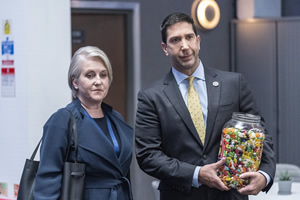 Intelligence. Image shows from L to R: Christine Clark (Sylvestra Le Touzel), Jerry Bernstein (David Schwimmer)