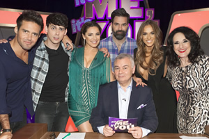 It's Not Me, It's You. Image shows from L to R: Spencer Matthews, Matt Richardson, Kelly Brook, Rob Delaney, Eamonn Holmes, Vicky Pattison, Lesley Joseph. Copyright: Channel 5