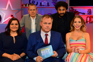 Jack Dee's HelpDesk. Image shows from L to R: Nina Wadia, Jeremy Hardy, Jack Dee, Nish Kumar, Katherine Ryan