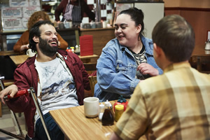 Jerk. Image shows from L to R: Tim (Tim Renkow), Ruth (Sharon Rooney), Idris (Rob Madin)