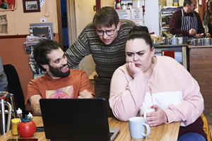 Jerk. Image shows from L to R: Tim (Tim Renkow), Idris (Rob Madin), Ruth (Sharon Rooney)