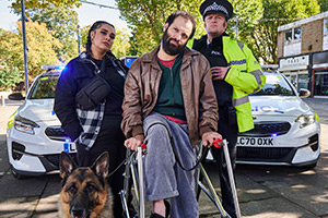 Jerk. Image shows left to right: Mirza (Sarah Seggari), Tim (Tim Renkow), PC Williams (Tom Bennett)