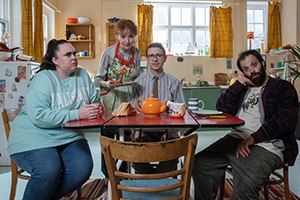 Jerk. Image shows left to right: Ruth (Sharon Rooney), Beatrice (Melanie Walters), Idris (Rob Madin), Tim (Tim Renkow)