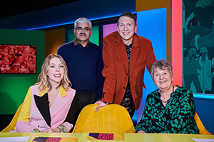 Joe Lycett's Got Your Back. Image shows from L to R: Katherine Ryan, Mark Silcox, Joe Lycett, Val Stones