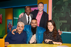 Joe Lycett's Got Your Back. Image shows from L to R: Mark Silcox, Andy Abraham, Guz Khan, Joe Lycett, Rosie Jones