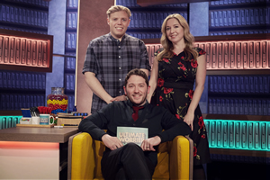 Jon Richardson: Ultimate Worrier. Image shows from L to R: Rob Beckett, Jon Richardson, Victoria Coren Mitchell. Copyright: Talkback