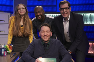 Jon Richardson: Ultimate Worrier. Image shows from L to R: Jessie Cave, Darren Harriott, Jon Richardson, Richard Osman. Copyright: Talkback