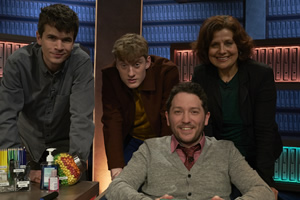 Jon Richardson: Ultimate Worrier. Image shows from L to R: Ivo Graham, James Acaster, Jon Richardson, Rebecca Front. Copyright: Talkback