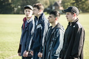 Ladhood. Image shows from L to R: Young Liam (Oscar Kennedy), Ralph (Samuel Bottomley), Addy (Aqib Khan), Craggy (Shaun Thomas)