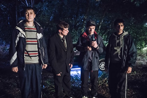 Ladhood. Image shows from L to R: Ralph (Samuel Bottomley), Craggy (Shaun Thomas), Young Liam (Oscar Kennedy), Addy (Aqib Khan)