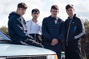 Ladhood. Image shows from L to R: Ralph (Samuel Bottomley), Addy (Aqib Khan), Craggy (Shaun Thomas), Young Liam (Oscar Kennedy)