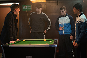 Ladhood. Image shows from L to R: Young Liam (Oscar Kennedy), Ralph (Samuel Bottomley), Craggy (Shaun Thomas), Addy (Aqib Khan)