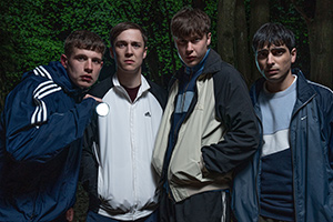 Ladhood. Image shows from L to R: Craggy (Shaun Thomas), Young Liam (Oscar Kennedy), Ralph (Samuel Bottomley), Addy (Aqib Khan)