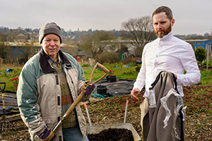 Ladhood. Image shows from L to R: The Gardener (Steve Pemberton), Liam (Liam Williams)