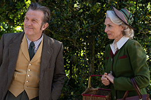 The Larkins. Image shows from L to R: Pop Larkin (Bradley Walsh), Miss Edith Pilchester (Amelia Bullmore)