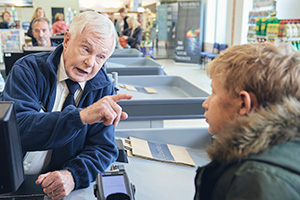 Last Tango In Halifax. Image shows from L to R: Alan (Derek Jacobi), Harrison (Liam McCheyne)