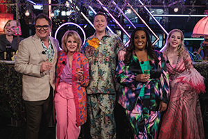 Late Night Lycett. Image shows left to right: Alan Carr, Joanna Lumley, Joe Lycett, Alison Hammond, Katherine Ryan